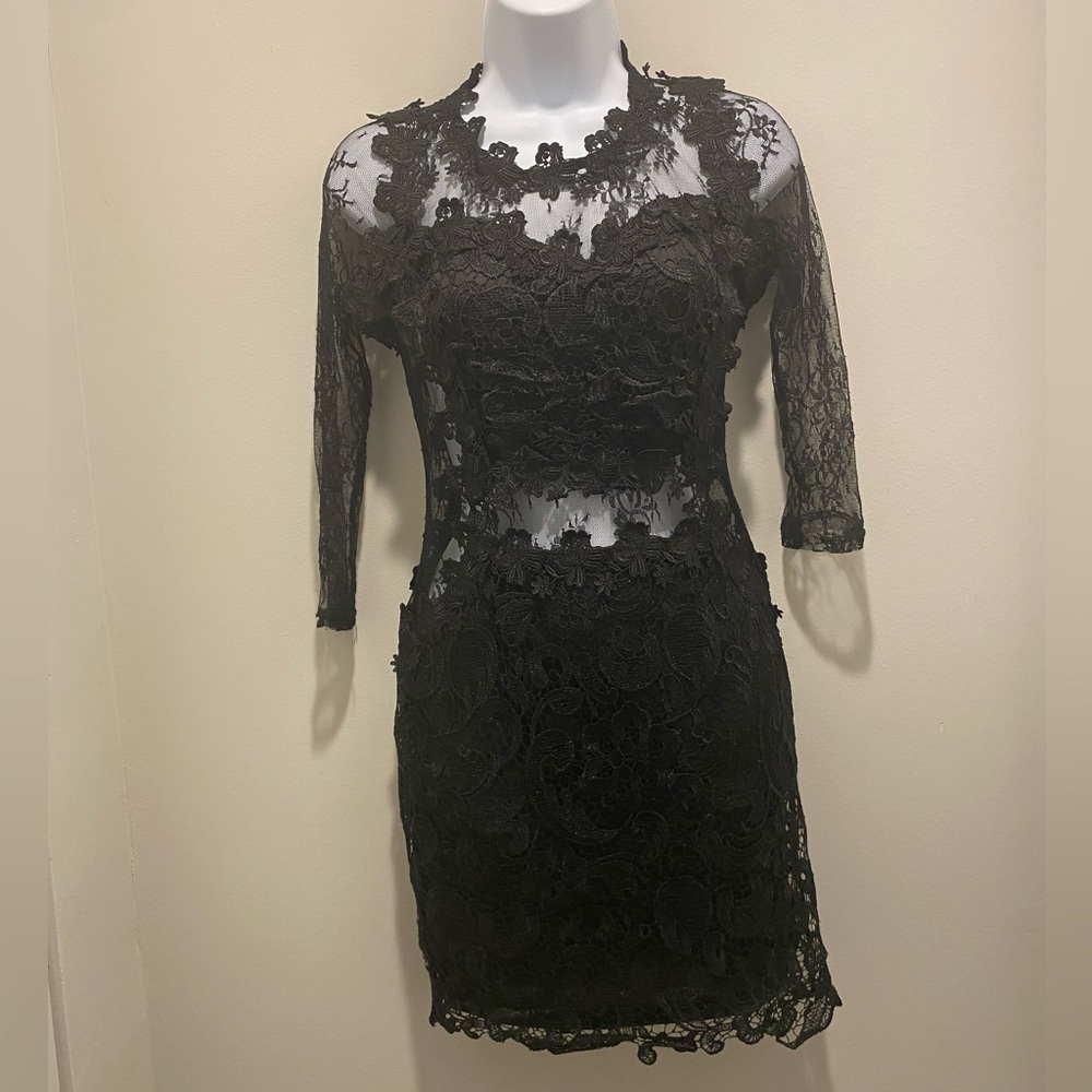Banjul Black Lace Sheer Bodycon Party Event Dress Women’s Size Small EUC